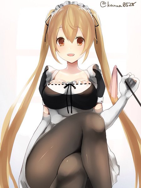Anime picture 768x1024 with kantai collection murasame destroyer sakiryo kanna single tall image looking at viewer blush fringe breasts open mouth light erotic simple background blonde hair hair between eyes large breasts white background sitting twintails holding brown eyes