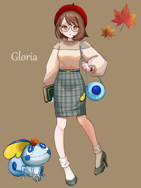 Anime picture 900x1200 with pokemon pokemon swsh nintendo gloria (pokemon) sobble setta shu single tall image looking at viewer short hair simple background brown hair standing brown eyes full body :o high heels alternate costume character names plaid skirt