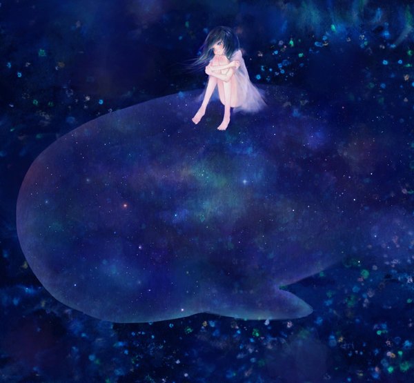 Anime picture 1134x1049 with kujira no kare cck (artist) single long hair blush blue eyes sitting blue hair barefoot body blush leg hug girl whale