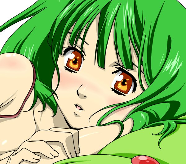 Anime picture 1360x1200 with macross macross frontier ranka lee tana37 single looking at viewer blush fringe short hair breasts light erotic simple background white background bare shoulders brown eyes lying parted lips green hair embarrassed close-up