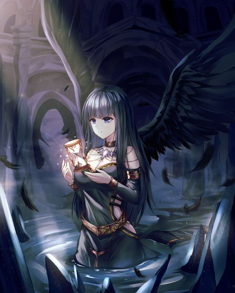 Anime-Bild 1204x1500 mit original limit x single long hair tall image fringe breasts blue eyes black hair hair between eyes standing payot looking away cleavage partially submerged light black wings girl dress detached sleeves