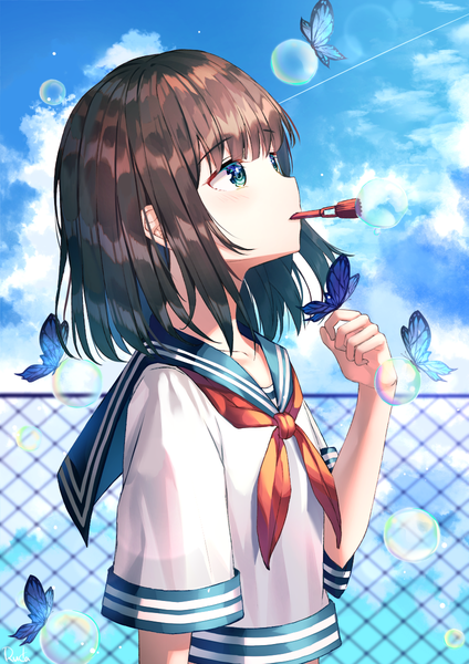 Anime picture 848x1200 with original ruda (ruda e) single tall image short hair blue eyes brown hair looking away sky cloud (clouds) upper body butterfly on hand bubble blowing girl uniform serafuku insect butterfly bubble (bubbles) fence