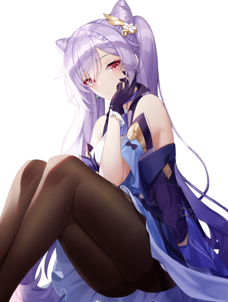 Anime picture 3000x3973 with genshin impact keqing (genshin impact) meoyo single long hair tall image looking at viewer blush fringe highres breasts light erotic simple background hair between eyes white background sitting twintails payot purple hair bent knee (knees)