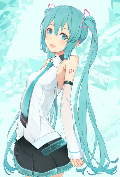 Anime picture 1538x2256 with vocaloid hatsune miku piisu single long hair tall image looking at viewer blush fringe breasts open mouth smile hair between eyes standing twintails bare shoulders :d pleated skirt aqua eyes aqua hair