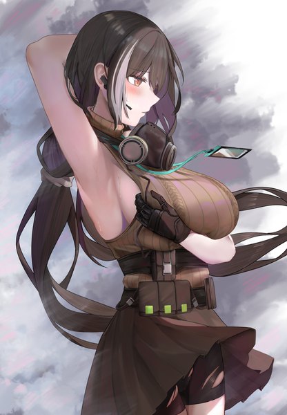 Anime picture 3400x4900 with girls frontline ro635 (girls frontline) ru zhai single long hair tall image blush fringe highres breasts light erotic black hair hair between eyes large breasts twintails payot looking away absurdres sky cloud (clouds)