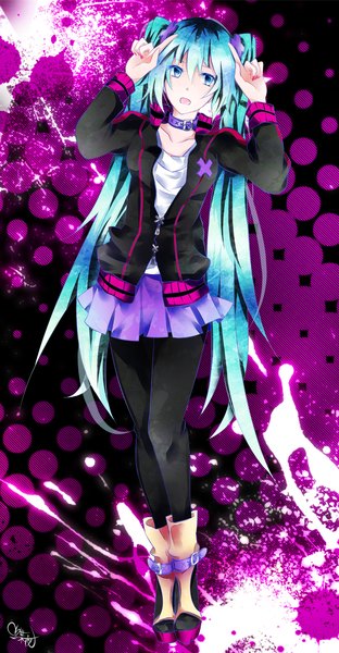 Anime picture 1042x2000 with vocaloid hatsune miku tyouya single tall image looking at viewer fringe breasts open mouth standing twintails very long hair aqua eyes aqua hair alternate costume girl skirt pantyhose jacket boots