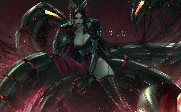 Anime picture 1400x867 with league of legends ahri (league of legends) nixeu single looking at viewer fringe breasts open mouth light erotic black hair wide image large breasts sitting signed animal ears cleavage tail very long hair arm up lips