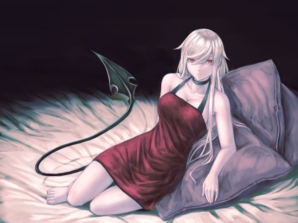 Anime picture 1611x1210 with original mstm single long hair looking at viewer red eyes bare shoulders silver hair tail barefoot dark background girl dress pillow