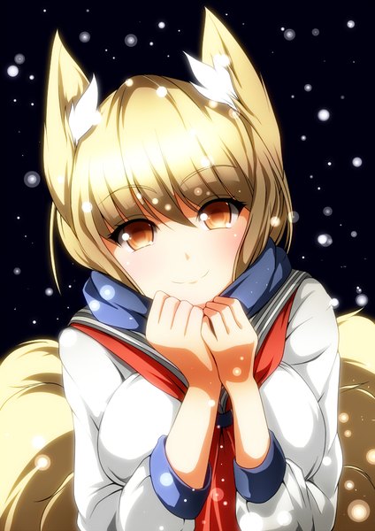 Anime picture 723x1023 with touhou yakumo ran merry (diameri) single long hair tall image looking at viewer blush fringe breasts blonde hair smile hair between eyes large breasts animal ears upper body tail animal tail from above orange eyes
