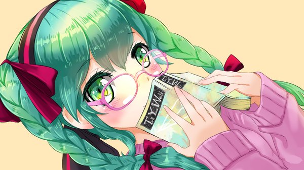 Anime picture 1600x900 with vocaloid hatsune miku kanipanda single long hair blush wide image twintails braid (braids) aqua eyes aqua hair covered mouth bespectacled girl bow hair bow glasses hairband sweater
