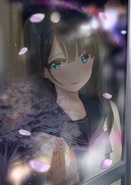 Anime picture 706x1000 with original kinugasa yuuichi single long hair tall image looking at viewer blush fringe blue eyes black hair smile upper body parted lips open clothes depth of field cherry blossoms girl uniform plant (plants) petals