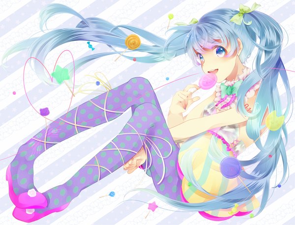 Anime picture 2043x1557 with vocaloid hatsune miku ichika (krone1) single long hair highres open mouth blue eyes twintails blue hair polka dot heart of string girl dress bow hair bow pantyhose food heart sweets