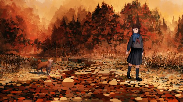 Anime picture 2560x1440 with original jean popo single long hair highres brown hair wide image brown eyes river autumn girl skirt uniform plant (plants) school uniform animal tree (trees) socks scarf black socks