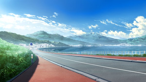 Anime picture 2560x1440 with grisaia no kajitsu highres wide image game cg mountain no people landscape plant (plants) sea grass road