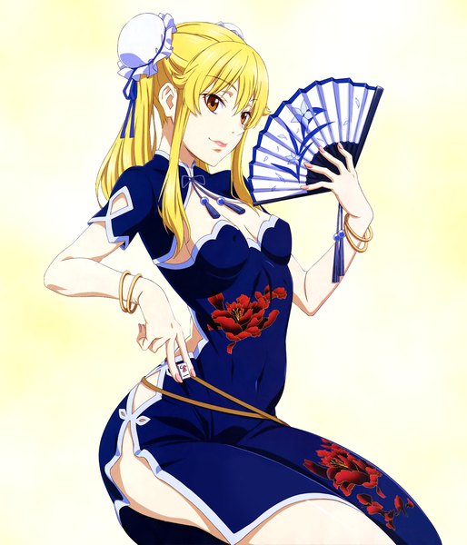 Anime picture 1371x1600 with kakegurui saotome mary single long hair tall image looking at viewer fringe light erotic simple background blonde hair hair between eyes holding brown eyes payot traditional clothes light smile short sleeves covered navel floral print chinese clothes