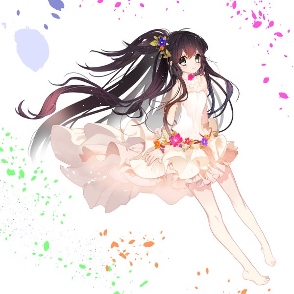 Anime picture 1250x1250 with original nezutato single long hair looking at viewer black hair smile white background hair flower black eyes girl dress hair ornament flower (flowers) petals