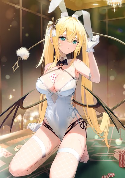 Anime-Bild 2455x3497 mit original omelet tomato single long hair tall image looking at viewer fringe highres breasts light erotic blonde hair hair between eyes large breasts animal ears payot tail arm up aqua eyes scan night