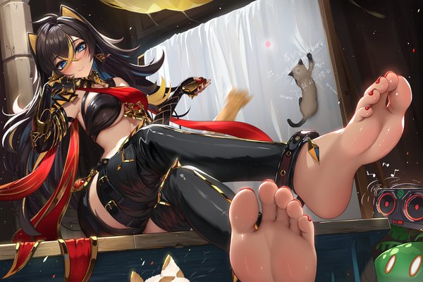 Anime picture 6000x4000 with genshin impact slime (genshin impact) dehya (genshin impact) nekoda (maoda) single long hair looking at viewer blush fringe highres breasts blue eyes light erotic black hair smile hair between eyes sitting holding absurdres nail polish