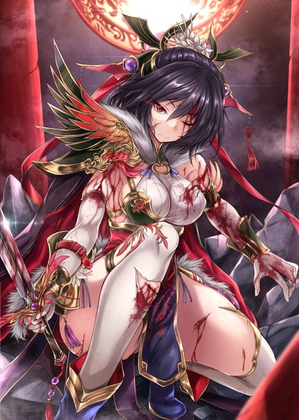 Anime picture 936x1311 with sangokushi taisen oui shimo (depthbomb) single long hair tall image looking at viewer fringe breasts light erotic black hair hair between eyes red eyes holding full body bent knee (knees) one eye closed fur trim sideboob glowing