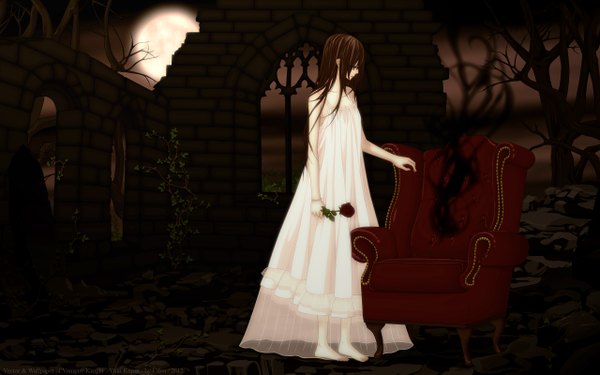 Anime picture 2560x1600 with vampire knight studio deen cross yuki single long hair highres black hair red eyes wide image standing ruins girl dress flower (flowers) plant (plants) tree (trees) moon armchair