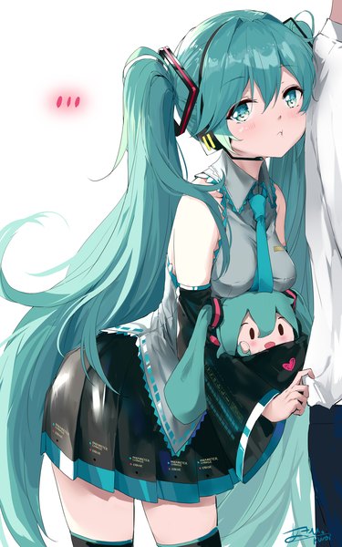 Anime picture 1275x2039 with vocaloid hatsune miku asahi kuroi tall image looking at viewer blush fringe breasts simple background hair between eyes standing white background twintails bare shoulders signed very long hair pleated skirt aqua eyes aqua hair wide sleeves