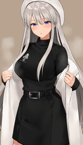 Anime picture 862x1500 with azur lane enterprise (azur lane) kinokorec single long hair tall image looking at viewer blush fringe breasts simple background hair between eyes large breasts standing purple eyes holding silver hair long sleeves parted lips off shoulder