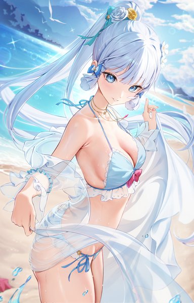 Anime-Bild 2559x4000 mit genshin impact kamisato ayaka houkisei single tall image looking at viewer blush fringe highres breasts blue eyes light erotic smile large breasts standing payot sky silver hair cloud (clouds) outdoors