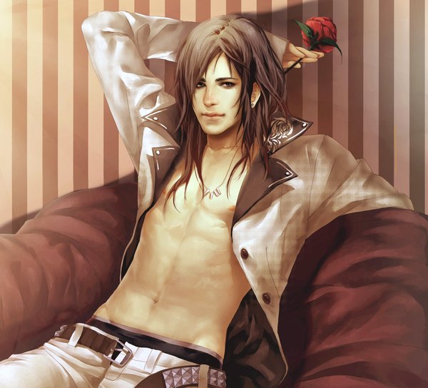 Anime picture 1918x1740 with original sakimichan single long hair looking at viewer highres brown hair sitting brown eyes realistic open clothes open jacket striped striped background open pants boy navel flower (flowers) earrings belt