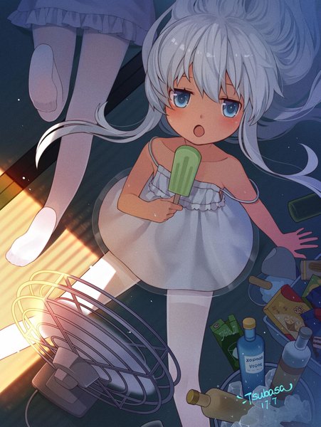 Anime picture 1845x2452 with kantai collection hibiki destroyer tsubasa tsubasa long hair tall image looking at viewer highres open mouth blue eyes light erotic sitting multiple girls signed white hair no shoes sleeveless dated strap slip girl dress
