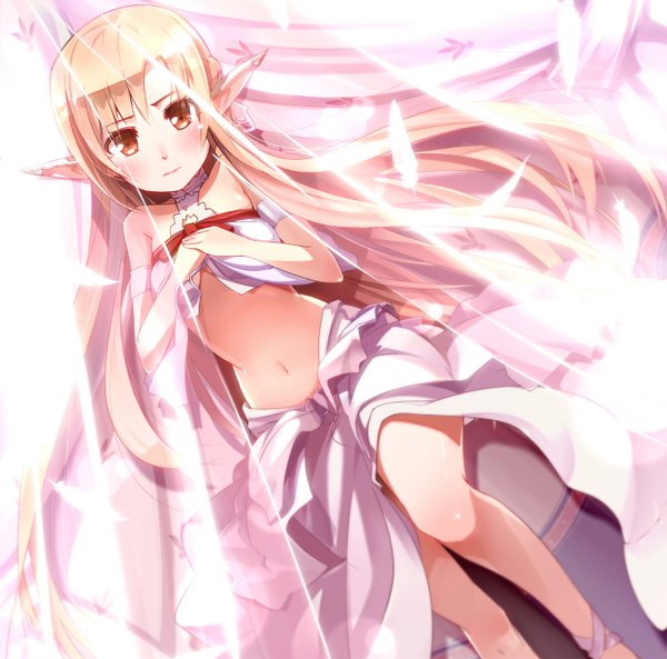 Anime picture 1450x1434 with sword art online a-1 pictures yuuki asuna titania (alo) pmpmpm single long hair looking at viewer blush light erotic red eyes brown hair pointy ears midriff girl dress navel