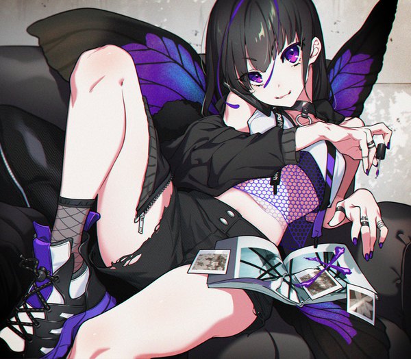 Anime picture 1500x1312 with original westxost (68monkey) single long hair looking at viewer fringe light erotic black hair smile purple eyes holding bent knee (knees) indoors blunt bangs nail polish head tilt multicolored hair off shoulder open jacket two-tone hair