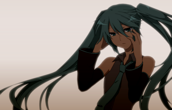 Anime picture 1200x770 with vocaloid hatsune miku white background twintails green eyes green hair girl detached sleeves