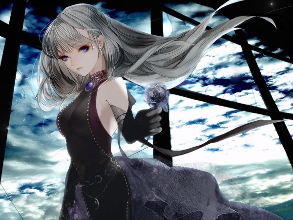 Anime picture 1200x900 with original hebi (yurari) single long hair looking at viewer fringe blue eyes holding cloud (clouds) upper body wind grey hair lipstick outstretched arm pink lipstick makeup girl dress gloves hair ornament