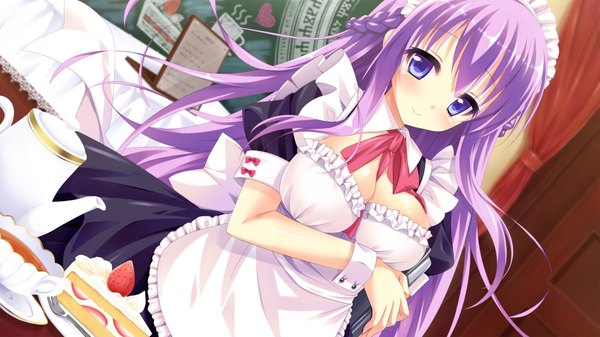 Anime picture 1024x576 with hanayome to maou rushiera purodia single long hair looking at viewer blush blue eyes smile wide image game cg purple hair maid girl dress headdress sweets maid headdress cake