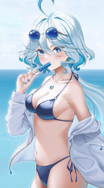 Anime picture 1300x2348 with genshin impact furina (genshin impact) wol (wol 927) single long hair tall image looking at viewer blush fringe breasts blue eyes light erotic hair between eyes standing silver hair cloud (clouds) ahoge outdoors nail polish arm up