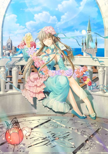 Anime picture 1378x1949 with original yuasa tsugumi (artist) single long hair tall image brown hair sitting cloud (clouds) eyes closed girl dress flower (flowers)