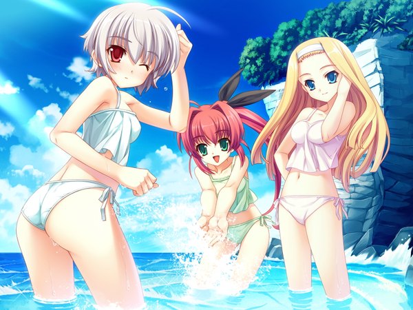 Anime picture 1600x1200 with boku no te no naka no rakuen (game) thea bohlscheid christiane duhring ellinor besch kurosaki (artist) long hair short hair blue eyes light erotic blonde hair red eyes twintails green eyes game cg silver hair red hair swimsuit bikini headband side-tie bikini