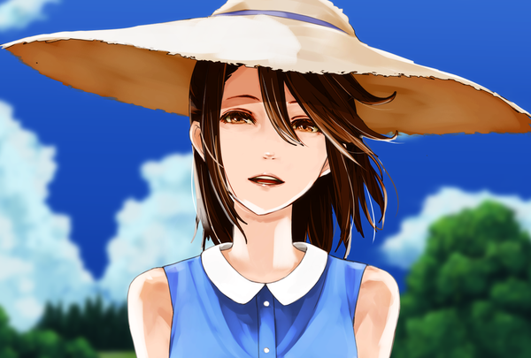 Anime picture 1502x1014 with god eater ufotable iroha utsugi nina (ninageya) single fringe open mouth smile hair between eyes brown hair brown eyes sky cloud (clouds) outdoors wind teeth sleeveless portrait girl plant (plants)