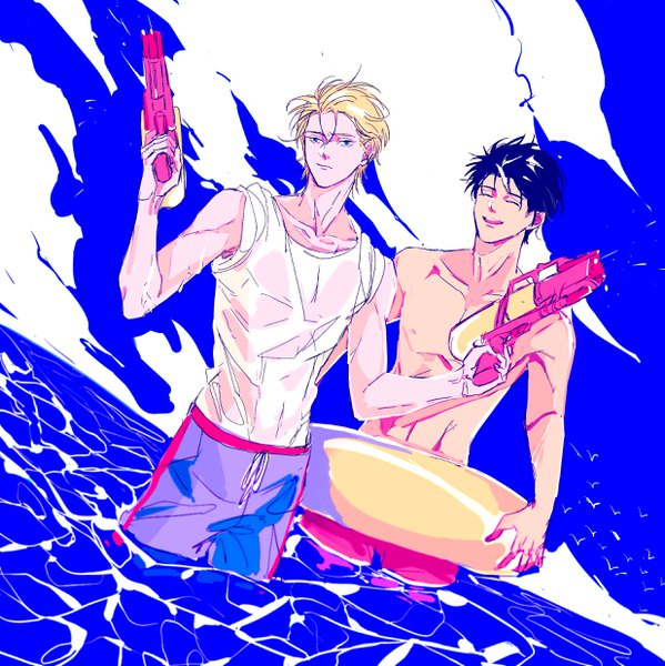 Anime picture 2472x2479 with banana fish mappa ash lynx okumura eiji imtangsun tall image highres short hair open mouth blue eyes black hair blonde hair smile standing bare shoulders holding looking away sky cloud (clouds) eyes closed