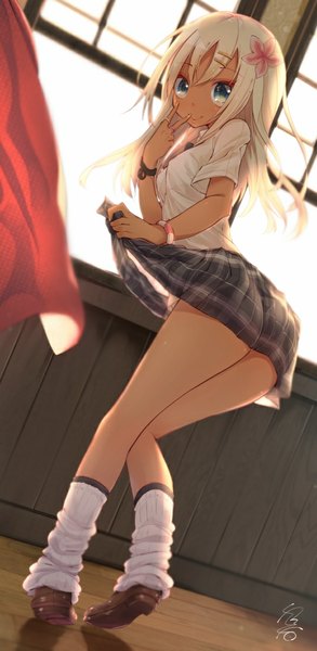Anime picture 538x1098 with kantai collection ro-500 submarine hato haru single long hair tall image looking at viewer blue eyes light erotic blonde hair smile signed alternate costume plaid skirt victory girl skirt uniform school uniform socks