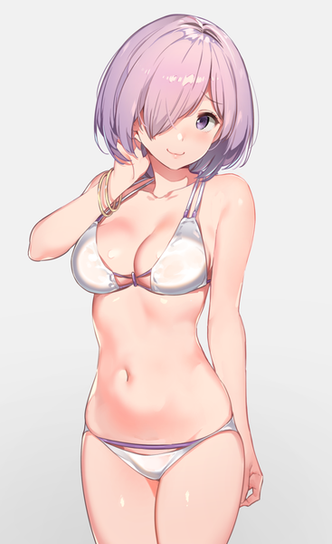 Anime picture 798x1303 with fate (series) fate/grand order mash kyrielight yuran (cozyquilt) single tall image looking at viewer blush short hair light erotic simple background smile standing purple eyes pink hair shiny skin gradient background adjusting hair revision body blush