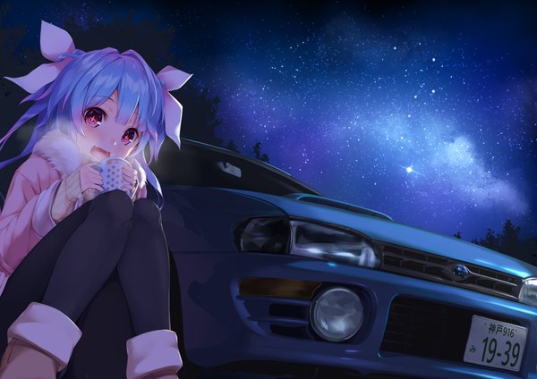 Anime picture 1100x778 with kantai collection subaru (brand) i-19 submarine gedou (shigure seishin) single long hair looking at viewer blush open mouth smile sitting holding night fang (fangs) night sky symbol-shaped pupils squat exhalation knees together feet apart girl