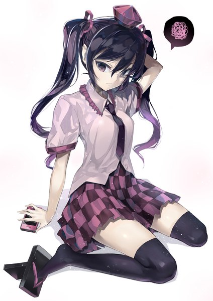 Anime-Bild 848x1200 mit touhou himekaidou hatate dekappara futoriusu single long hair tall image black hair simple background white background sitting twintails looking away black eyes checkered skirt girl thighhighs skirt black thighhighs phone tokin hat