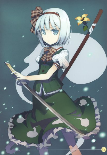 Anime picture 2098x3031 with touhou blonde blossom (artbook) konpaku youmu myon h2so4 single tall image looking at viewer highres short hair blue eyes simple background silver hair fingernails scan plaid bob cut girl skirt flower (flowers)