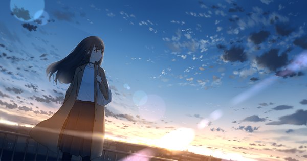 Anime picture 1920x1011 with original anyotete single long hair fringe highres wide image standing looking away sky cloud (clouds) outdoors parted lips profile wind sunlight lens flare city evening sunset