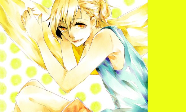 Anime picture 1200x725 with nico nico singer eco (mayoko) single blonde hair smile wide image orange eyes polka dot yellow background polka dot background boy