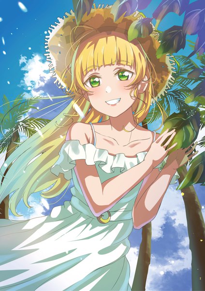 Anime picture 3541x5016 with hello!!! love live! sunrise (studio) love live! heanna sumire al aoi aoba single long hair tall image blush fringe highres breasts blonde hair smile standing bare shoulders green eyes looking away absurdres sky