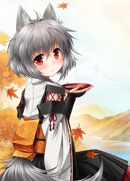 Anime picture 575x800 with touhou inubashiri momiji kei kei single tall image looking at viewer blush smile red eyes holding animal ears ahoge bent knee (knees) tail long sleeves traditional clothes japanese clothes animal tail looking back wide sleeves
