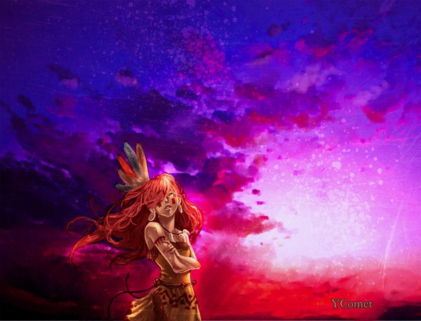 Anime picture 1866x1426 with original yc (pixiv) single long hair highres bare shoulders yellow eyes pink hair sky cloud (clouds) nail polish tattoo crossed arms face paint girl dress earrings feather (feathers)