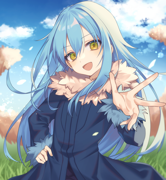 Anime picture 3968x4302 with tensei shitara slime datta ken 8bit rimuru tempest asano yoru (artist) single long hair tall image looking at viewer fringe highres open mouth hair between eyes standing blue hair absurdres sky cloud (clouds) :d hand on hip outstretched hand